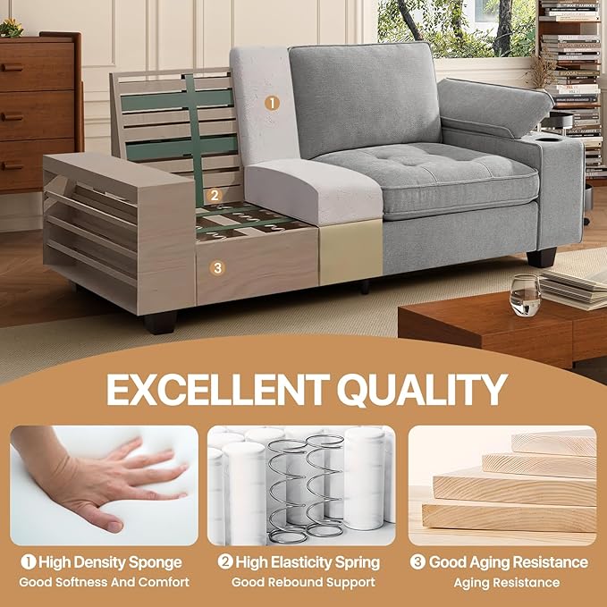 74" Loveseat Couch for Living Room,Modern Chenille Upholstered Sofa with Adjustable Storage Armrest,Cup Holders,USB & Type-C Ports,Solid Wood 2-Seater Loveseat Sofa for Apartment(Gray)