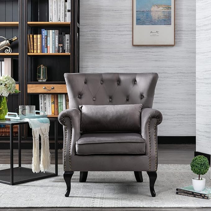 Accent Reading Arm Chairs for Living Room Bedroom, Midcentury Modern Comfy Corner Sofa Chair, Wingback Waiting Room Club Chair with Button Tufted Back &Lumbar Pillow, Velvet Grey