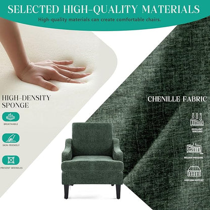 Modern Accent Chair for Bedroom Upholstered Reading Chair with Side Pockets Comfy Living Room Chairs Living Room Armchair for Office, Apartment (Green Chenille)