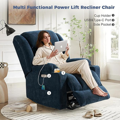 HUSFU Oversized Power Lift Recliner Chairs for Elderly with Massage and Heat, Wide Recliners Chair,Upgraded Chenille Lift Chairs w/Cup Holders, USB & Type-C Ports,Blue,2PCS