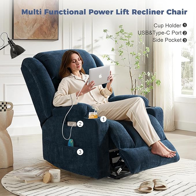 HUSFU Oversized Power Lift Recliner Chairs for Elderly with Massage and Heat, Wide Recliners Chair,Upgraded Chenille Lift Chairs w/Cup Holders, USB & Type-C Ports,Blue,1PC