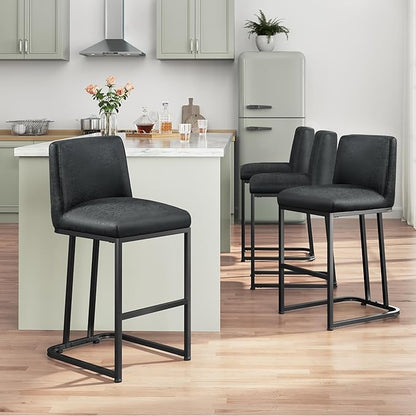 Yaheetech Bar Stools Set of 4, Counter Height Kitchen Stools 24'' Modern Leather Upholstered Bar Chairs with Back and Metal Legs for Kitchen Counter, Dark Gray