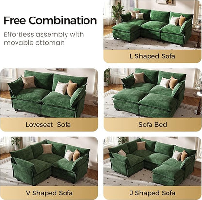 KKL Modular Sectional Sofa, V-Shaped 3 Seater Cloud Couch with Ottoman, Chenille Modern Sectional Couches for Living Room, Apartment Green