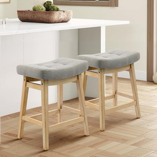 Counter Height Bar Stools Set of 2 for Kitchen Counter Farmhouse Modern Barstools with Upholstered Fabric Backless Seat and Solid Wood Legs 24 inch Bar Chairs, Grey + Wood Color