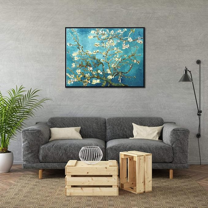 Wieco Art Framed Wall Art Almond Blossom Floral Canvas Prints of Van Gogh Famous Oil Paintings Reproduction Flowers Pictures on Canvas Wall Art for Bedroom Home Decorations Black
