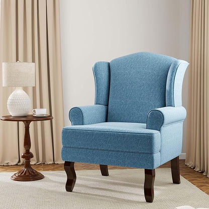 Accent Chair, High Back Upholstered Armchair with High Resilience Sponge & Wood Legs, Mid-Century Modern Comfy Single Sofa Reading Chairs for Living Room, Bedroom (Blue, Set of 2)