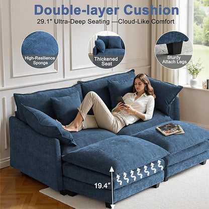Expandable L-Shaped Sectional Sofa with Ottoman for Apartments, 77" Cloud Chenille Sofa, Create a U-Shape Layout with Optional 2nd Ottoman, Solid Wood Frame, Easy Assembly