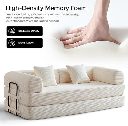 79" Convertible Sofa Bed with Fixed-Shape Frame & Removable Armrests, Modular Corduroy Sleeper Sofa, Folding Mattress Couch for Small Spaces - No Assembly Needed in Beige White (Includes 2 Pillows)