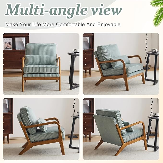VINGLI Upgraded Premium Corduroy Accent Chairs Set of 2,Upholstered Arm Chair,Solid Wood Comfy Reading Chair with Pillow, Mid Century Modern Chairs for Living Room,Bedroom,Light Teal
