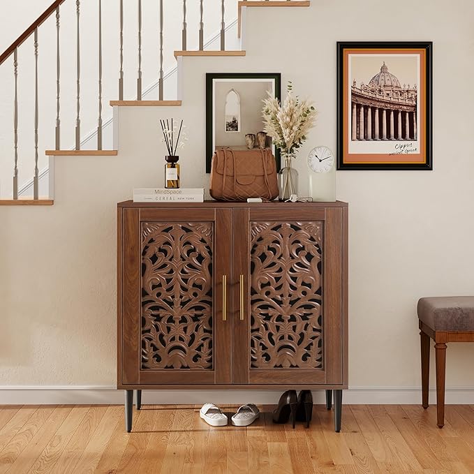 ARTPOWER Accent Cabinet with 2 Doors, Vintage Hollow Carving Buffet Cabinet, Sideboards and Buffets with Storage, Credenza for Living Room, Kitchen, Dining Room, Entryway, Hallway, Walnut