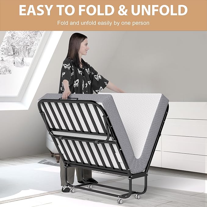 Folding Bed with Memory Foam Mattress, Portable Rollaway Guest Beds on Wheels, 75"x38" Twin Size Space-Saving Cot-Size Bed for Adults with Easy Assembly Metal Frame (White)