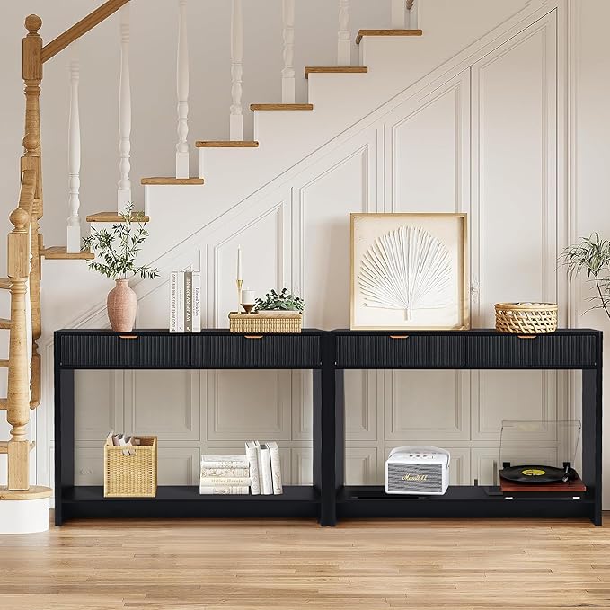 Entryway Table with Storage, Narrow Console Table with Drawers, 43.3' Couch Table Behind Sofa Long and Skinny for Living Room TV, Hallway Entrance Foyer, Mid Century Modern Black Fluted Console Table