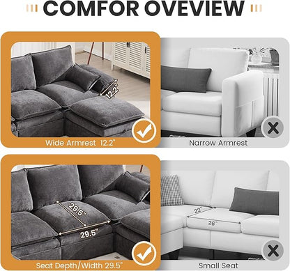 130" U Shaped Modular Sectional Sofa, Couch with Ottoman Storage, Chenille Cloud Couch with Plush Deep Seating for Living Room, Bedroom (7 Seat, Grey)