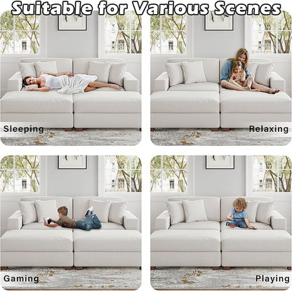 Modular Sectional Couches for Living Room, Modern Loveseat 2-Seater Sofa Couch with Ottoman, Upholstered Couches for Living Room Bedroom, Beige