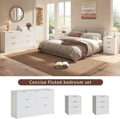 3-Piece Modern Bedroom Furniture Set, Wide 7-Drawer Dresser & 3-Drawer Nightstands Set of 2, Natural Wood Dresser and Nightstand Sets for Bedroom, Hallway, White