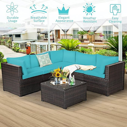 Tangkula 6 Pieces Patio Furniture Set, Outdoor Rattan Sofa Set, Wicker Conversation Set w/Tempered Glass Coffee Table & Cushions, Sectional Sofa Set for Backyard, Garden, Balcony, Poolside