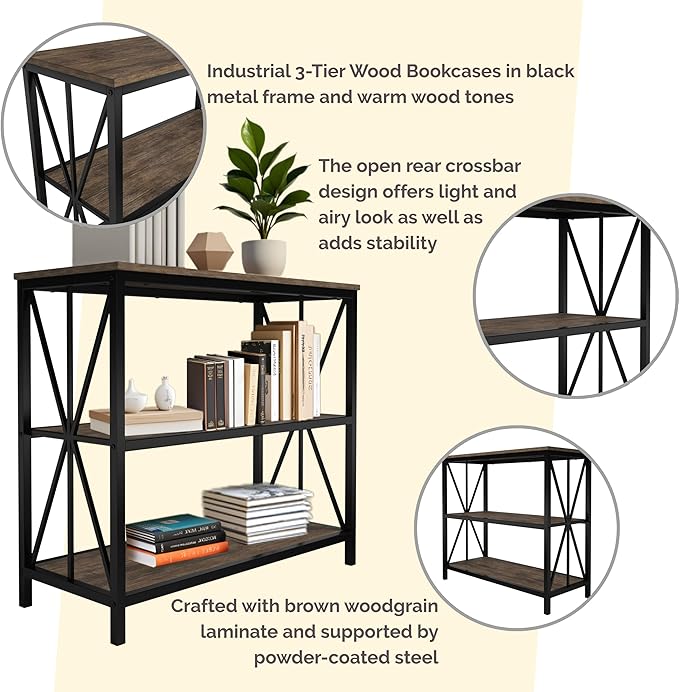 Lavish Home 3-Tier Industrial Bookshelf - Freestanding Open Bookcase for Home or Office Organization and Storage - Book Organizer (Brown Woodgrain)