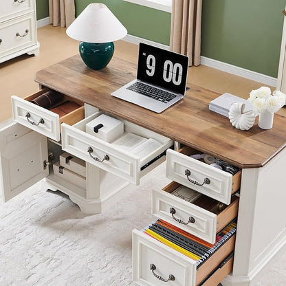 RedLemon 60" Executive Desk with Drawers,Wood Home Office Desk, Featuring Keyboard Tray,Charging Station,File Drawer, Storage Cabinet,for Work and Study (Antique White)