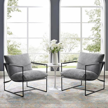 Furnilivng Large Sling Accent Chair Set of 2, Comfortable Boucle Fabric Arm Chair, Upholstered Cozy Reading Chair for Living Room, Bedroom, Dressing Room, Home Office, Grey