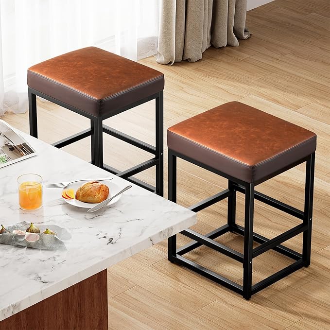 Counter Height Bar Stools Set of 2, 24" Barstools for Kitchen Countertop, Faux Leather Counter Stools with Thick Square Seats & Sturdy Metal Base, Simple Assembly, Brown