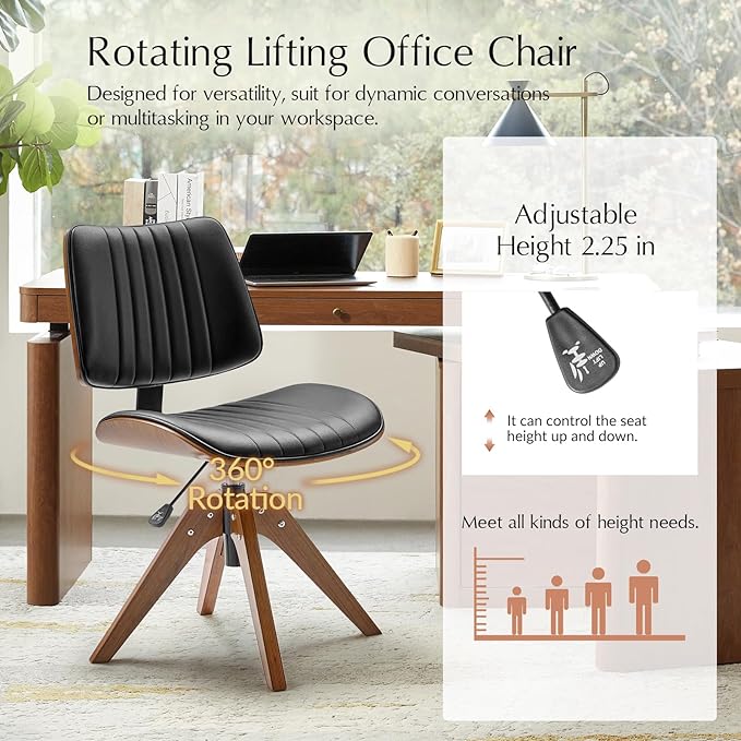 HULALA HOME Office Desk Chair with Solid Wood Legs, Adjustable Height & 360° Swivel, Comfy Bentwood Faux Leather Tufted Task Chair, Black