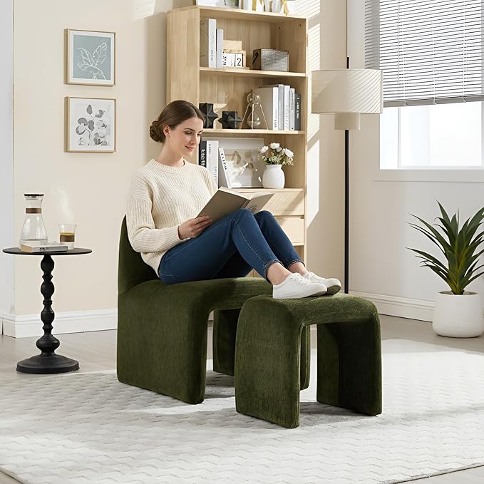 Accent Reading Chair with Ottoman, Chenille Upholstered Comfy Armless Accent Chair with Footrest Modern Side Lounge Chair for Living Room Bedroom, Moss Green