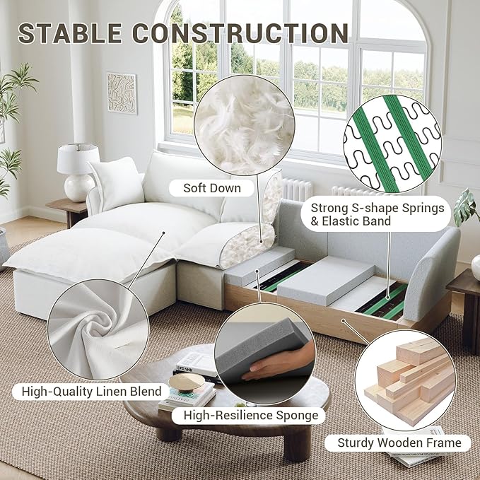 111” Oversized Modular Sectional Sofa, Comfy Down Fill Cloud Couch, 5 Seater V Shaped Modular Couch with Washable Cover, Deep Seat Sectional Couches for Living Room, Cream White
