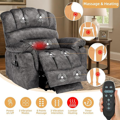Tall Man Oversized Dual Motor Power Lift Recliner w/Heat Massage, Large Lay Flat Sleeper Electric Recliner with Extended Footrest for Elderly, Lumbar Pillow, USB & Type-C Ports, Plush-Gray
