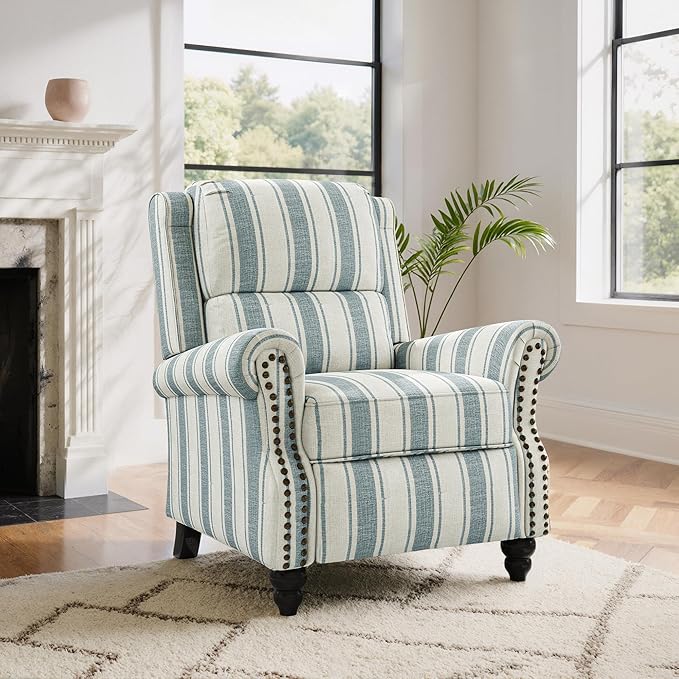 Lumibee Recliner Chair,Pushback Armchair for Small Spaces,Adjustable Backrest & Footrest Accent Chair in Comfy Fabric for Living Room, Bedroom-Stripe Blue