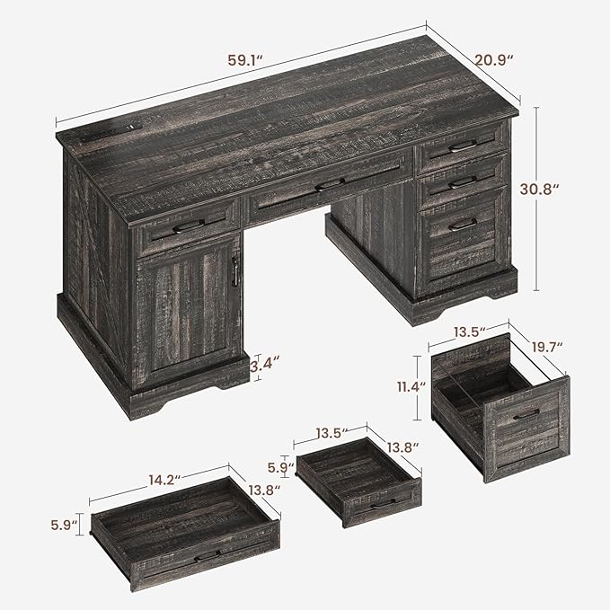 Casaottima 59 Inch Wood Farmhouse Office Desk with Drawers, Executive Computer Desk with File Cabinet & Charging Station for Home Office, Oak