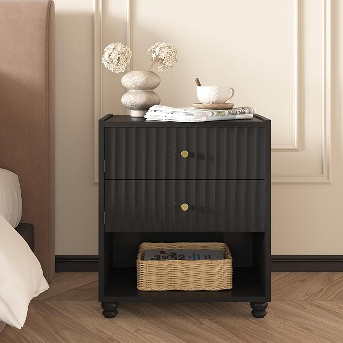Modern Nightstand Set of 2, Fluted End Table with Open Shelf, Night Stand with 2 Drawers for Bedroom (2,Black)