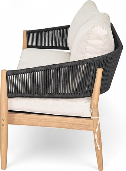 Christopher Knight Home Katarina Patio Acacia Wood Loveseat Furniture, Outdoor Loveseat Sofa with Comfy Fabric Cushions, 2-Seater Sofa with Handwoven Rope Backrest for Garden/Backyard, Black+Beige