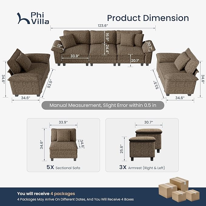 PHI VILLA Cloud Modular Couches Sets, 3 Pieces Large Sectional Sofa Set with Single Sofa, 5-Seater Upholstered Couch for Living Room, Chenille Fabric, Taupe