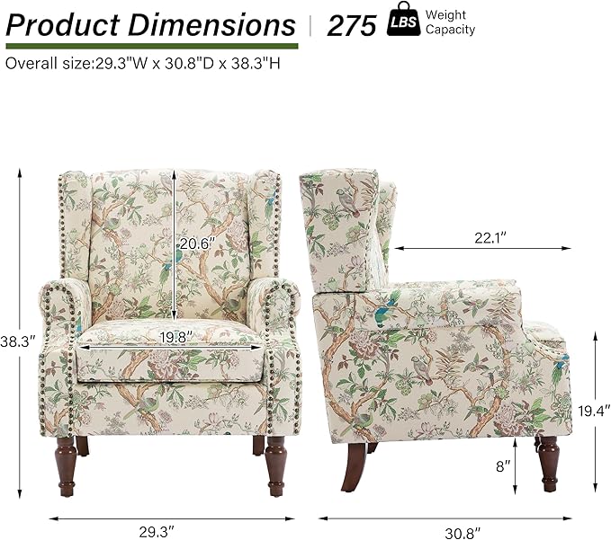Accent Chair, Upholstered High Back Floral Armchair with Nailhead Trim & Wood Legs, Comfy Wingback Reading Single Sofa Chair