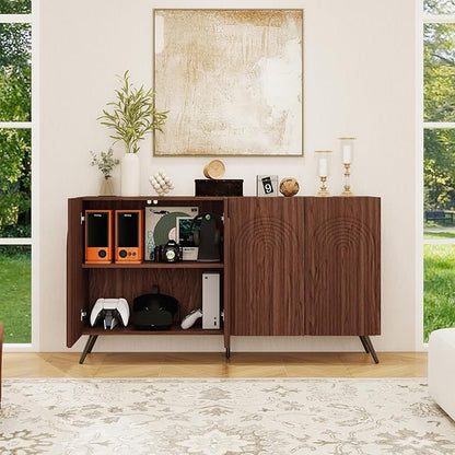 59" Sideboard Buffet Cabinet with Adjustable Shelves, Modern Storage Cabinet with Arched 3D Carved Wood Doors, Credenza Accent Cabinet for Living Room, Dining Room, Entryway,Walnut