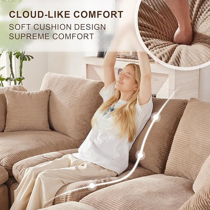 112" Cloud Sectional Couch, Boneless Couches for Living Room, U Shaped Couch with Convertible Ottoman, Modular Sectional Sofa with Deep Seat, Comfy Soft Cushions, No Assembly, Camel