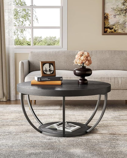 LITTLE TREE Round Coffee Table, 32" Circle Coffee Table for Living Room, 2-Tier Wood Accent Center Table with Open Storage Industrial Design Home Furniture (Black)