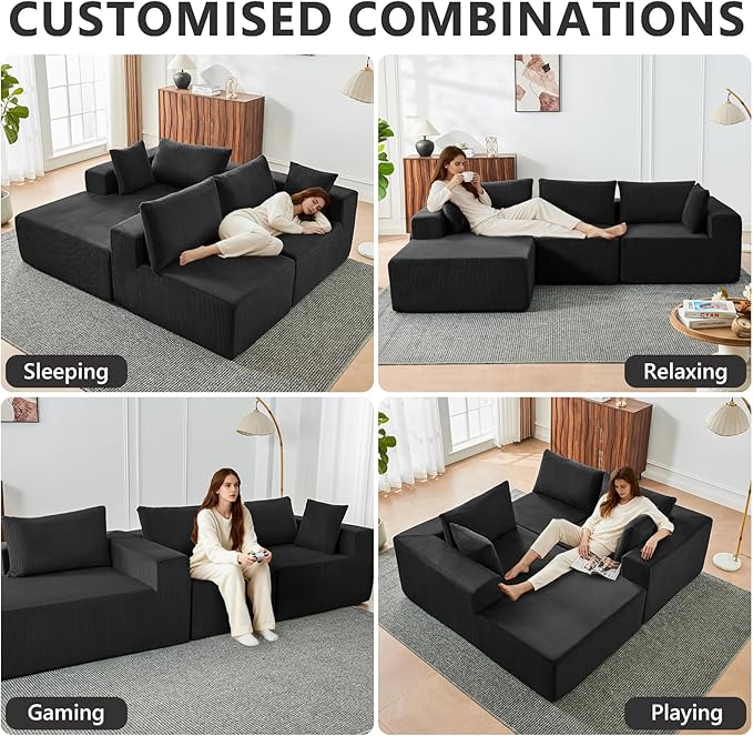109" Cloud Sectional Couch, Boneless Couches for Living Room, Modular Sectional Sofa with Deep Seat, L-Shape Couch with Chaise, Comfy Corduroy Fluffy Modern Modular Sofa, No Assembly Required, Black