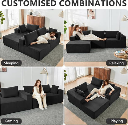 109" Cloud Sectional Couch, Boneless Couches for Living Room, Modular Sectional Sofa with Deep Seat, L-Shape Couch with Chaise, Comfy Corduroy Fluffy Modern Modular Sofa, No Assembly Required, Black
