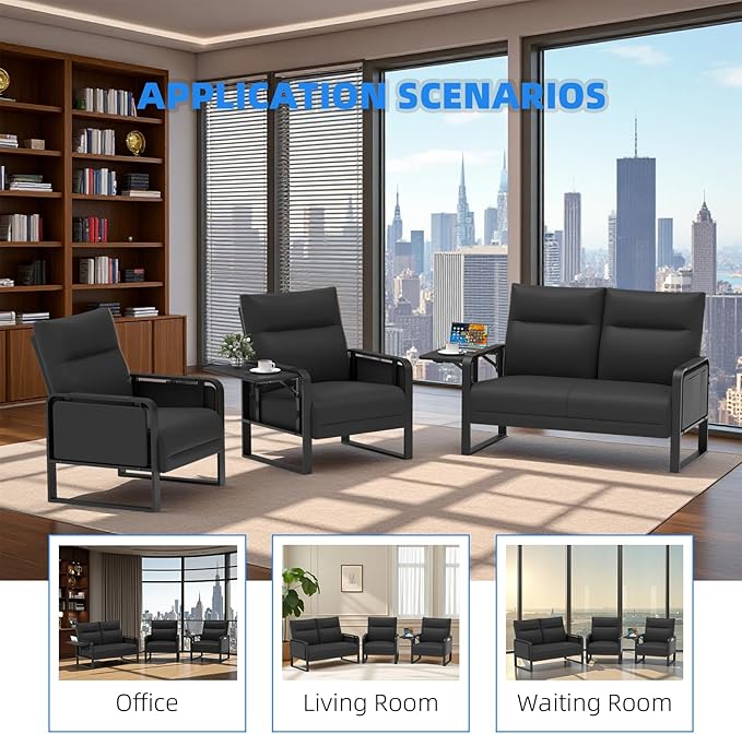 3 Piece Living Room Sofa Set, Leather Sofa Sets with Side Tray & Pocket, Modern 3 Pcs Sectional Couches Set for Apartment, Office, Bedroom (Black, Lovseat+2-Seat)