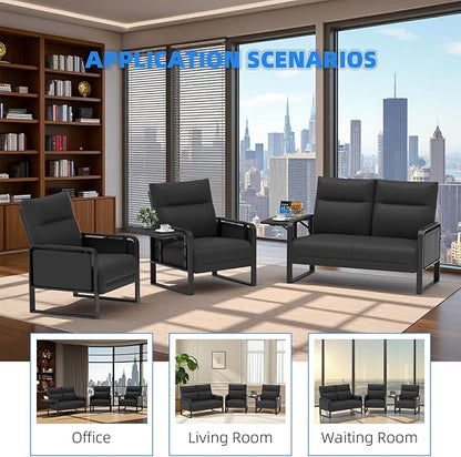 3 Piece Living Room Sofa Set, Leather Sofa Sets with Side Tray & Pocket, Modern 3 Pcs Sectional Couches Set for Apartment, Office, Bedroom (Black, Lovseat+2-Seat)