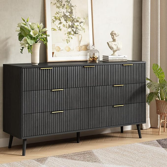 CARPETNAL Fluted 7 Drawer Dresser for Bedroom, 55" Wide Wooden Chest of Drawers with Rounded Corners, Gold Handles, Modern Storage Organizer for Bedroom, Hallway(Black)