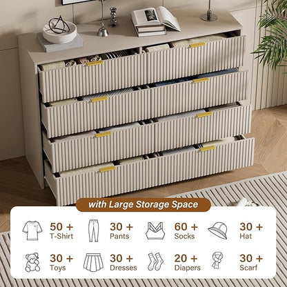 Beige Dresser for Bedroom, Modern Dresser with 8 Drawers and Smooth Slides, Wide Chest of Drawers with Golden Handles for Bedroom, Closet, 15.7" D x 55" W x 37.4" H