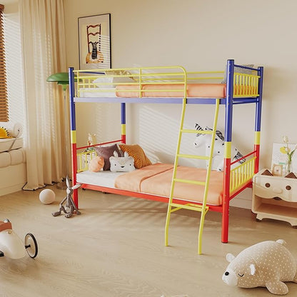Metal Bunk Bed Twin Over Twin，Loft Bed with Removable Ladder and Full-Length Guardrail，Twin Bunk Beds Frame Heavy Duty Metal Slat Support for Adults, Kids and Young Teens