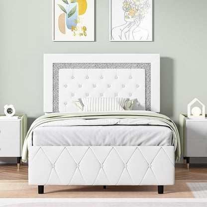 BarnFurin Twin Size Bed Frames, Upholstered Platform Bed with Button Tufted Headboard, Princess Platform Bed with Diamond Design, Wooden Slats Support, No Box Spring Required, Easy Assembly, White