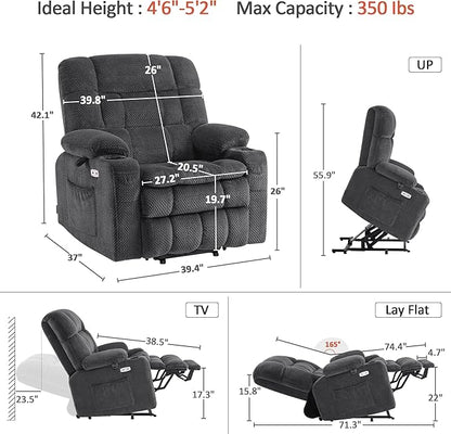 MCombo Dual Motor Power Lift Recliner Chair for Elderly, Lay Flat Lift Chair with Heat and Massage, Petite Wide Lift Chair, Cup Holders, USB A&C Ports, Fabric R7894 (Small-Wide, Dark Gray)