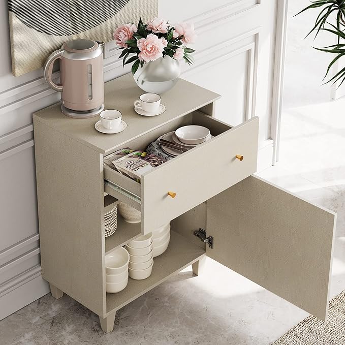 WAMPAT Storage Cabinet for Living Room, 32.4" H Freestanding Wood Accent Cabinets Floor Cupboard with Drawer, Door, and Adjustable Shelf for Dining Room, Kitchen, Entryway, Beige Linen Texture Finish
