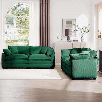 mikibama Luxury 2 Piece Sofa Set, 2 Pieces of Loveseat Couch, Modern Corduroy Comfy Cloud Couches Set for Living Room Office with 4 Armrest Pillows and 4 Toss Pillows, Green