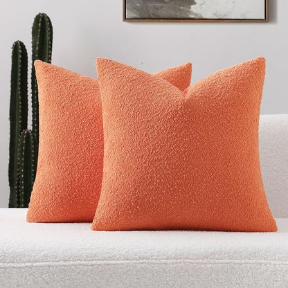 FUTEI Pack of 2 Orange Decorative Throw Pillow Covers 24x24 Inch Soft Cozy Solid Boucle Textured European Cushion Case,Modern Home Decor for Couch Bed Living Room