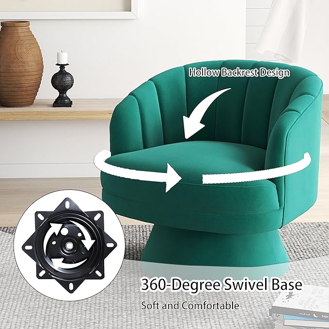Swivel Accent Chair,Upholstered Velvet 360° Swivel Barrel Chair for Living Room Overstuffed Bouncle Reading Chair Round Armchair for Bedroom,Vanity,Office (Dark Green)